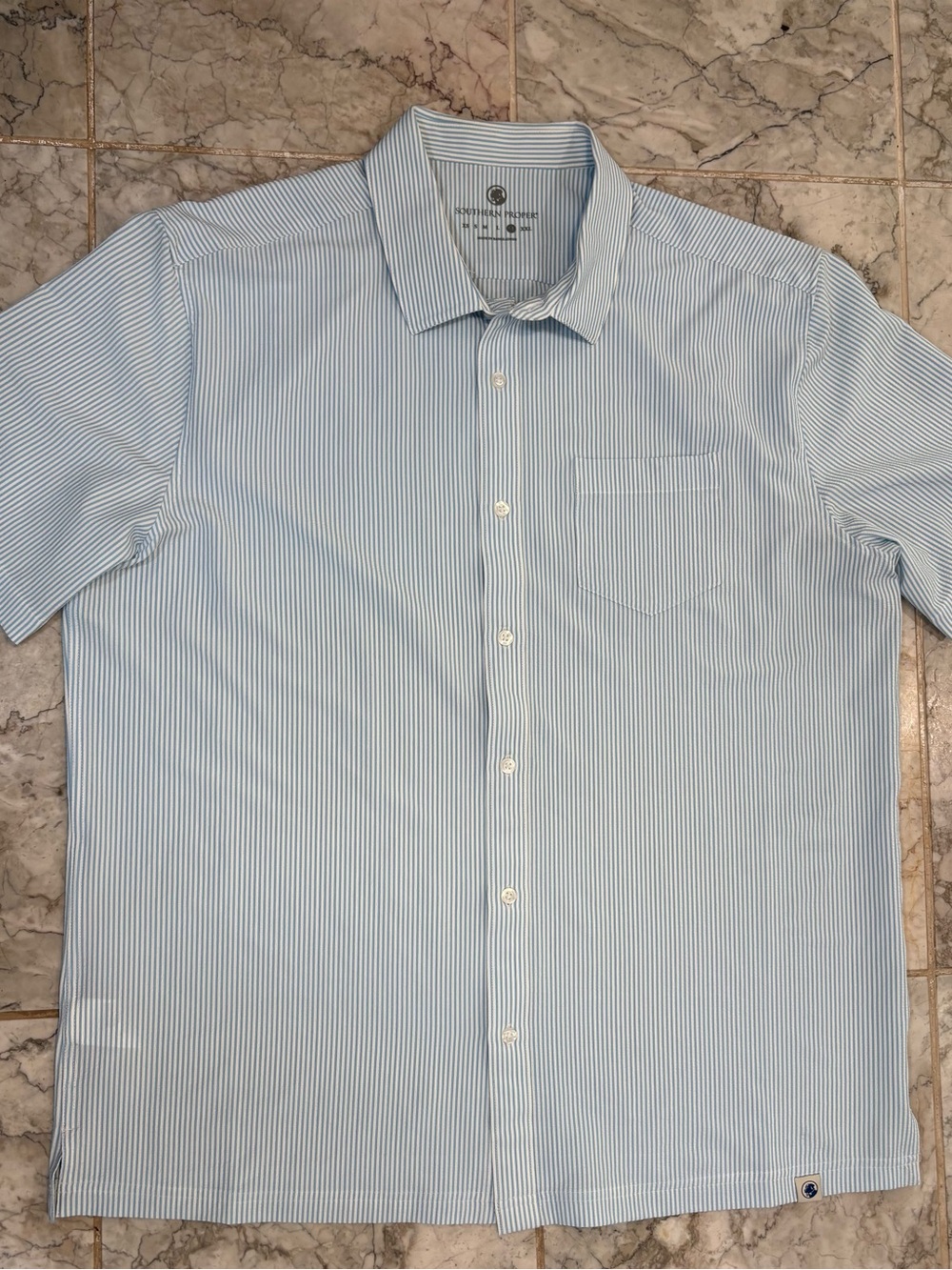 Southern Proper Polo Shirt Mens XL  White,blue Striped Short Sleeve Casual Golf